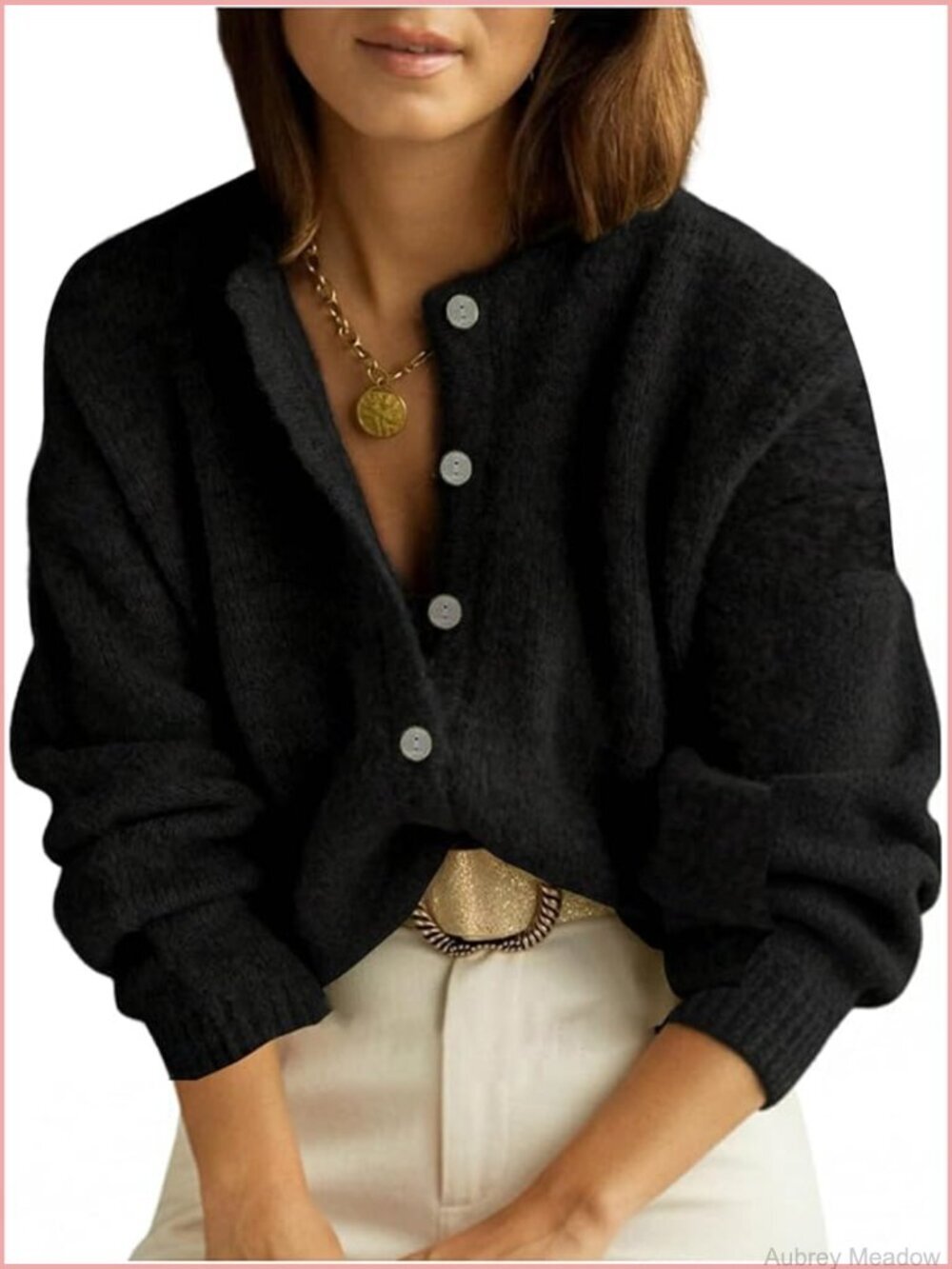 Oversized Knit Cardigan Crewneck Long Sleeve Beaded Button Up Trendy